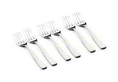 Set of six stainless steel dinner forks with geometric pattern handles shown on white background.