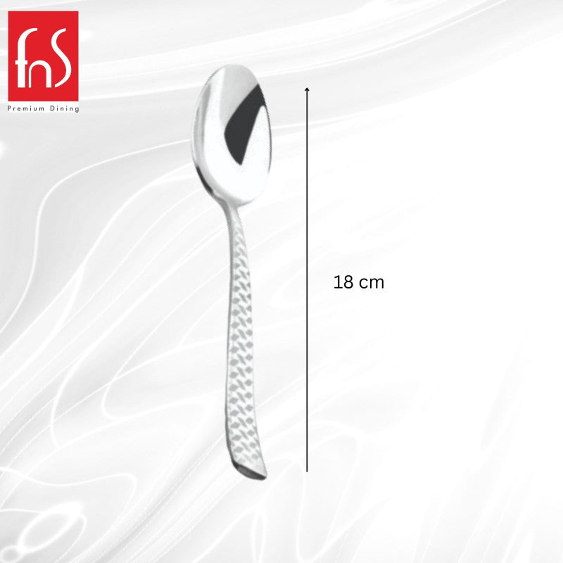 FNS Rhombo dinner spoon 18cm dimensions with diamond textured pattern handle and mirror finish stainless steel bowl for elegant dining experience and comfort.
