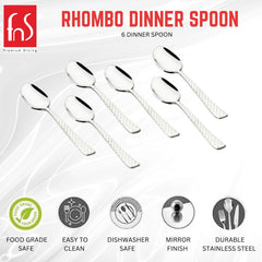 FNS Rhombo dinner spoon features infographic highlighting food grade safe, easy to clean, dishwasher safe, mirror finish, and durable stainless steel construction.