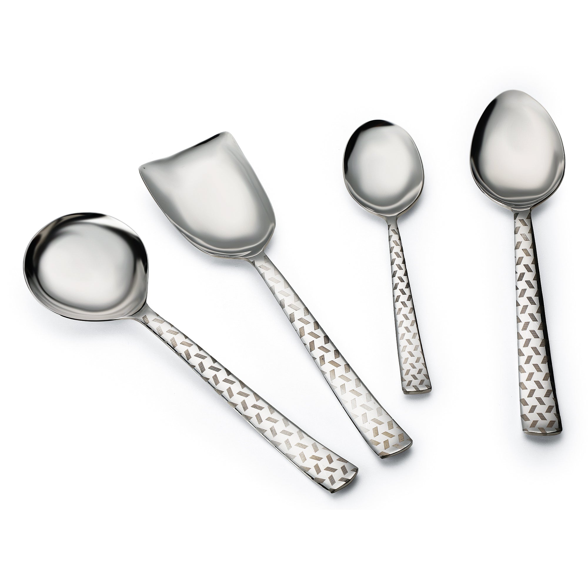 FNS Rhombo serving spoons featuring geometric chevron laser engraved pattern on handles with mirror polish finish and varied bowl shapes