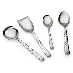 FNS Rhombo serving spoons featuring geometric chevron laser engraved pattern on handles with mirror polish finish and varied bowl shapes