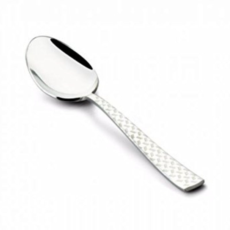 FNS Rhombo laser designed serving spoon with diamond pattern textured handle, mirror finish stainless steel construction on white background for premium dining.
