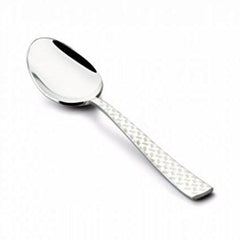 FNS Rhombo laser designed serving spoon with diamond pattern textured handle, mirror finish stainless steel construction on white background for premium dining.