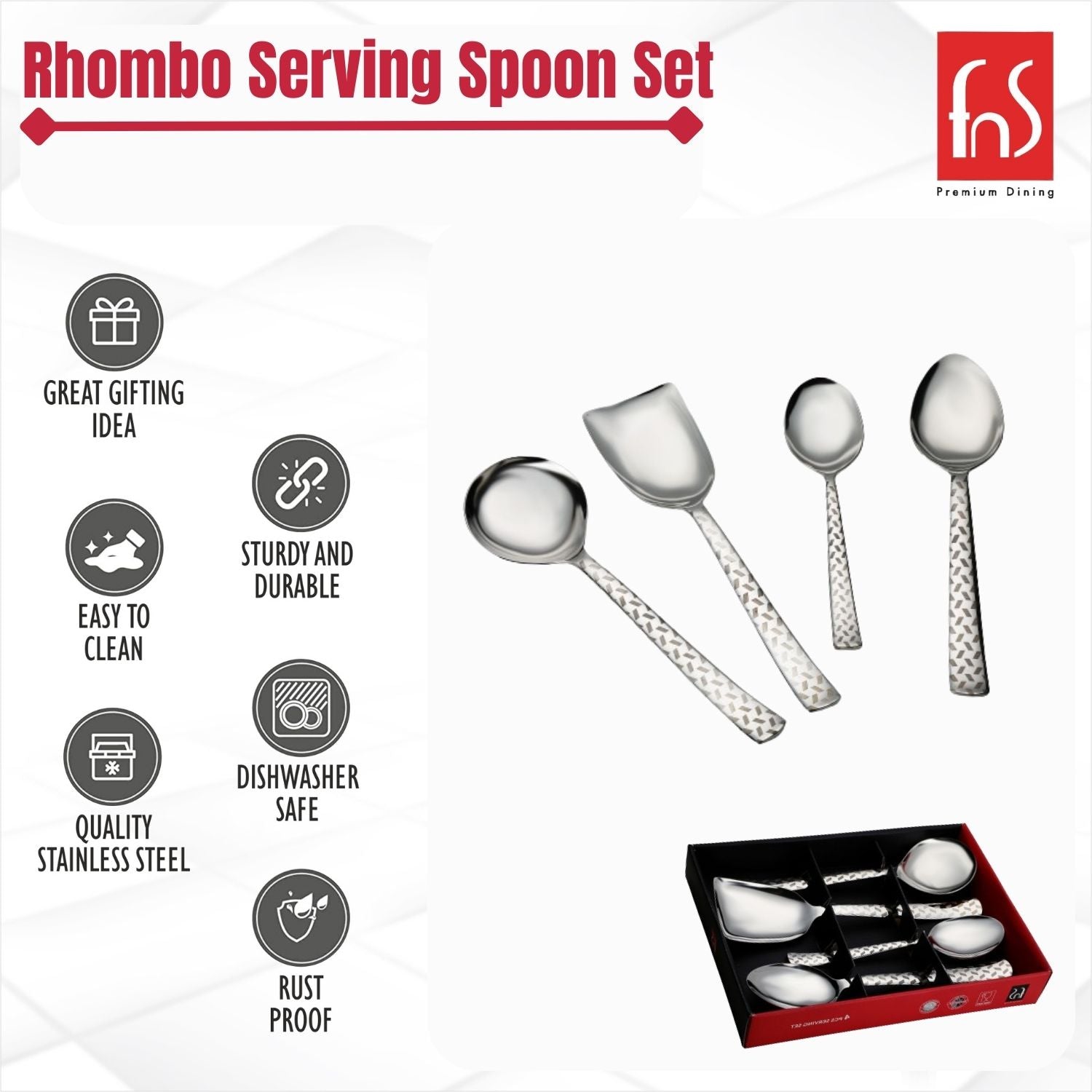 FNS Rhombo serving spoon set features infographic highlighting great gifting idea, easy to clean, sturdy and durable, dishwasher safe, rust-proof quality