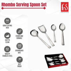FNS Rhombo serving spoon set features infographic highlighting great gifting idea, easy to clean, sturdy and durable, dishwasher safe, rust-proof quality