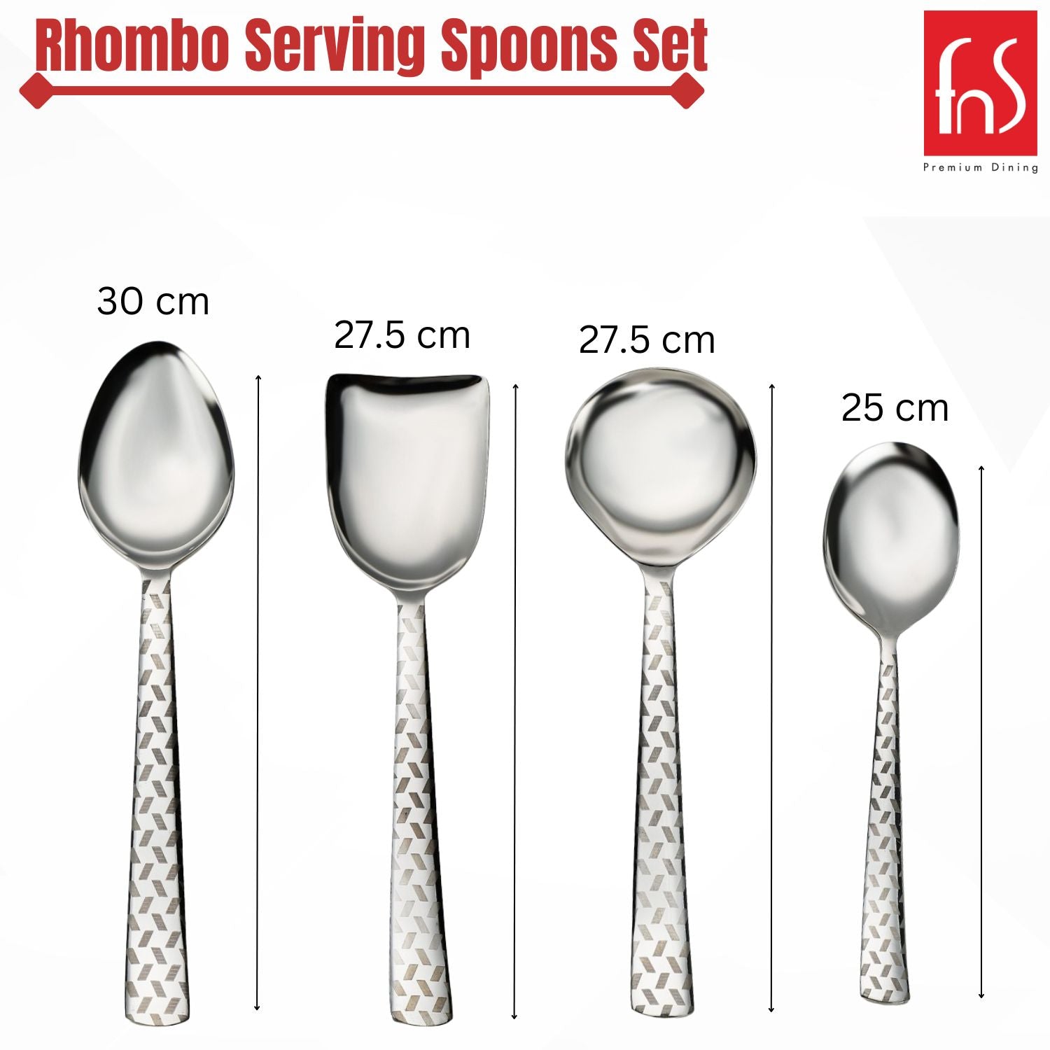 FNS Rhombo serving spoon set size guide showing dimensions from 25 cm to 30 cm for each piece with geometric handle design