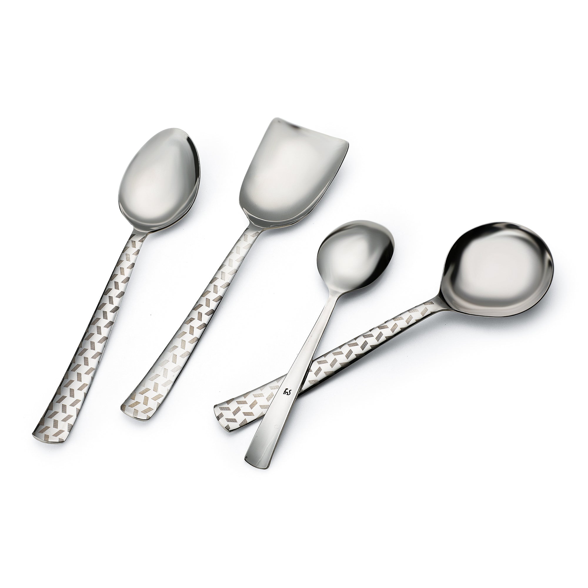 FNS Rhombo serving spoons in multiple sizes showcasing detailed geometric laser design pattern on stainless steel handles with mirror finish