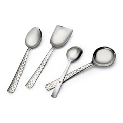 FNS Rhombo serving spoons in multiple sizes showcasing detailed geometric laser design pattern on stainless steel handles with mirror finish