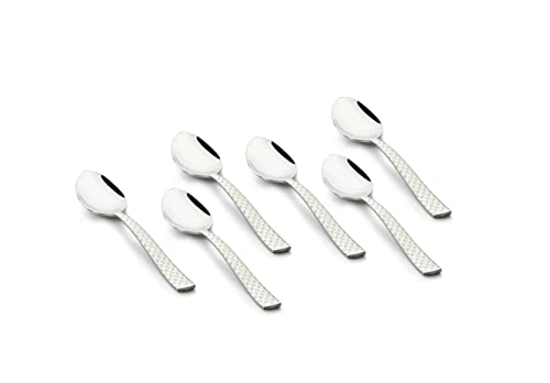 Six polished baby spoons with textured handles arranged symmetrically on a white background.