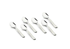 Six polished baby spoons with textured handles arranged symmetrically on a white background.