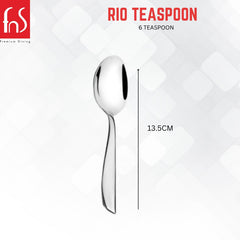 Rio Teaspoon individual measurement showing 13.5cm length with polished stainless steel bowl and sleek handle design for premium dining use.