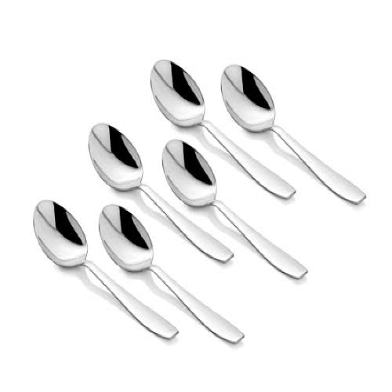 Six-piece Rio Teaspoon collection arranged in isometric view, displaying matching stainless steel teaspoons with mirror polish and identical proportions.