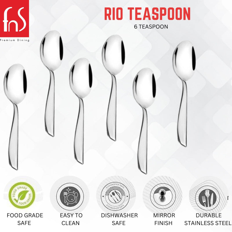 Rio Teaspoon set of six stainless steel spoons with mirror finish, featuring food-grade safe, easy-to-clean, dishwasher-safe, and durable construction icons.