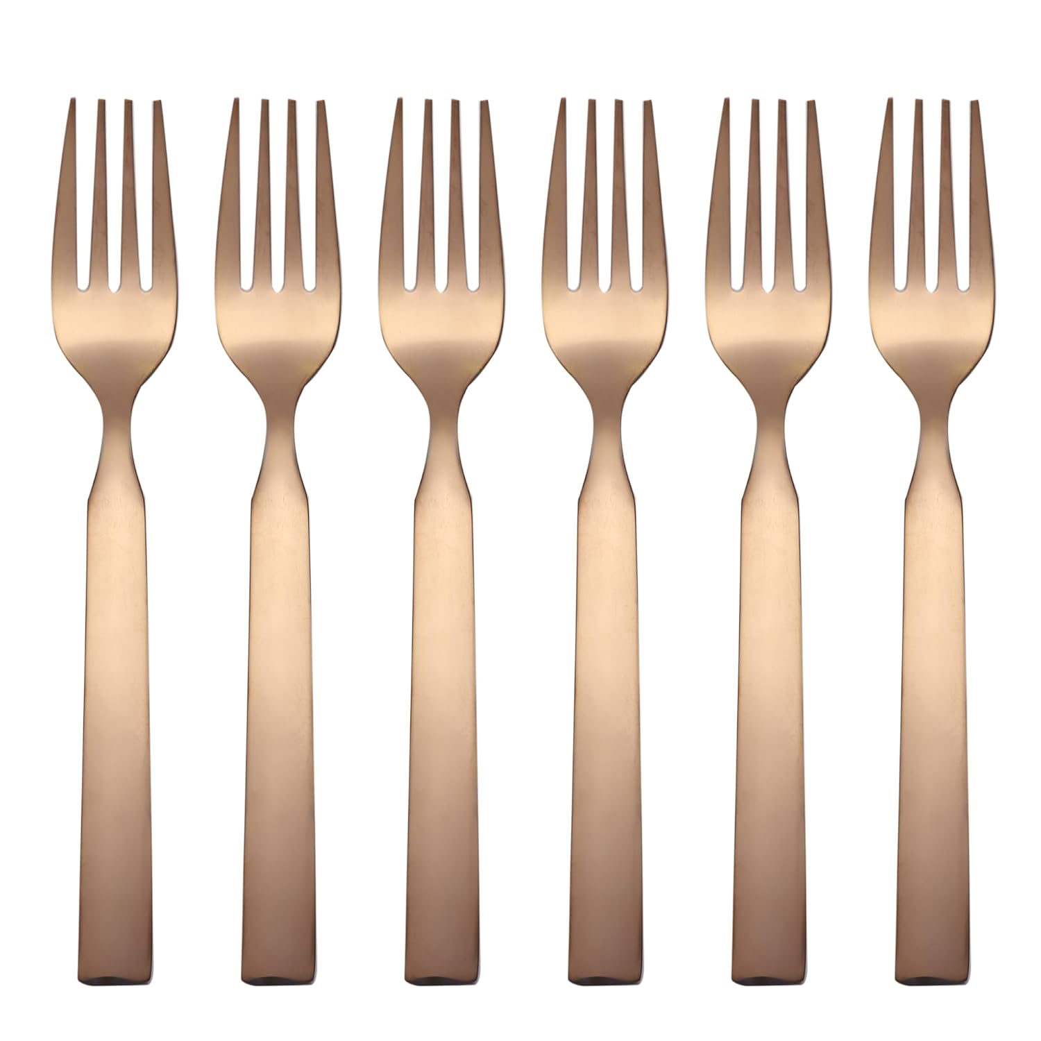 Six copper-colored dinner forks arranged in row on white background