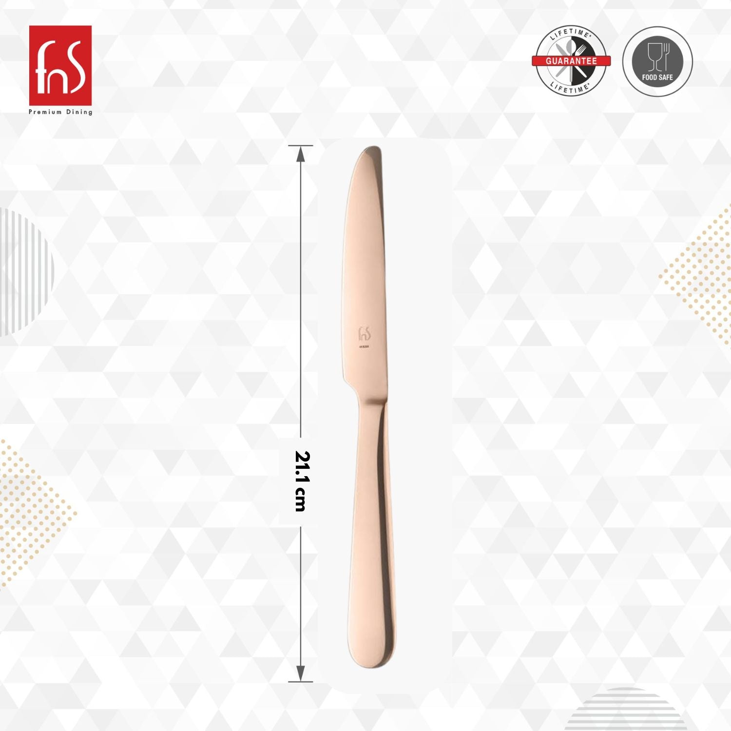 FnS Rosella dinner knife in lustrous rose gold finish measuring 21.1 centimeters with lifetime guarantee and food-safe certification badges.