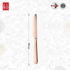FnS Rosella dinner knife in lustrous rose gold finish measuring 21.1 centimeters with lifetime guarantee and food-safe certification badges.