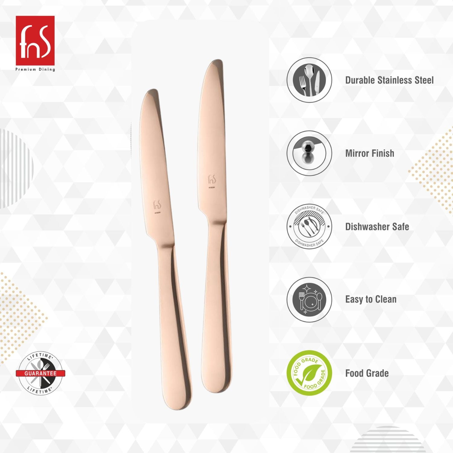 FnS Rosella rose gold dinner knives highlighting durable stainless steel, mirror finish, dishwasher safe, easy clean, and food-grade safe features.Retry