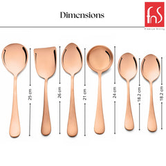 FNS Rosella rose gold serving spoon set dimensions chart showing sizes from 18.2 cm to 26 cm including turner, ladle, and various serving spoons
