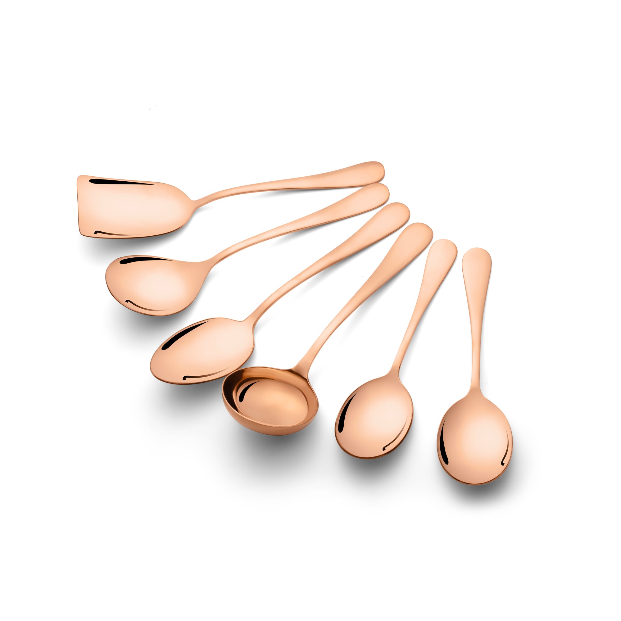 FNS Rosella rose gold serving spoons 6-piece set arranged in elegant fanned display including turner, serving spoons, and ladles on white background