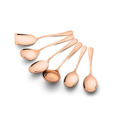 FNS Rosella rose gold serving spoons 6-piece set arranged in elegant fanned display including turner, serving spoons, and ladles on white background