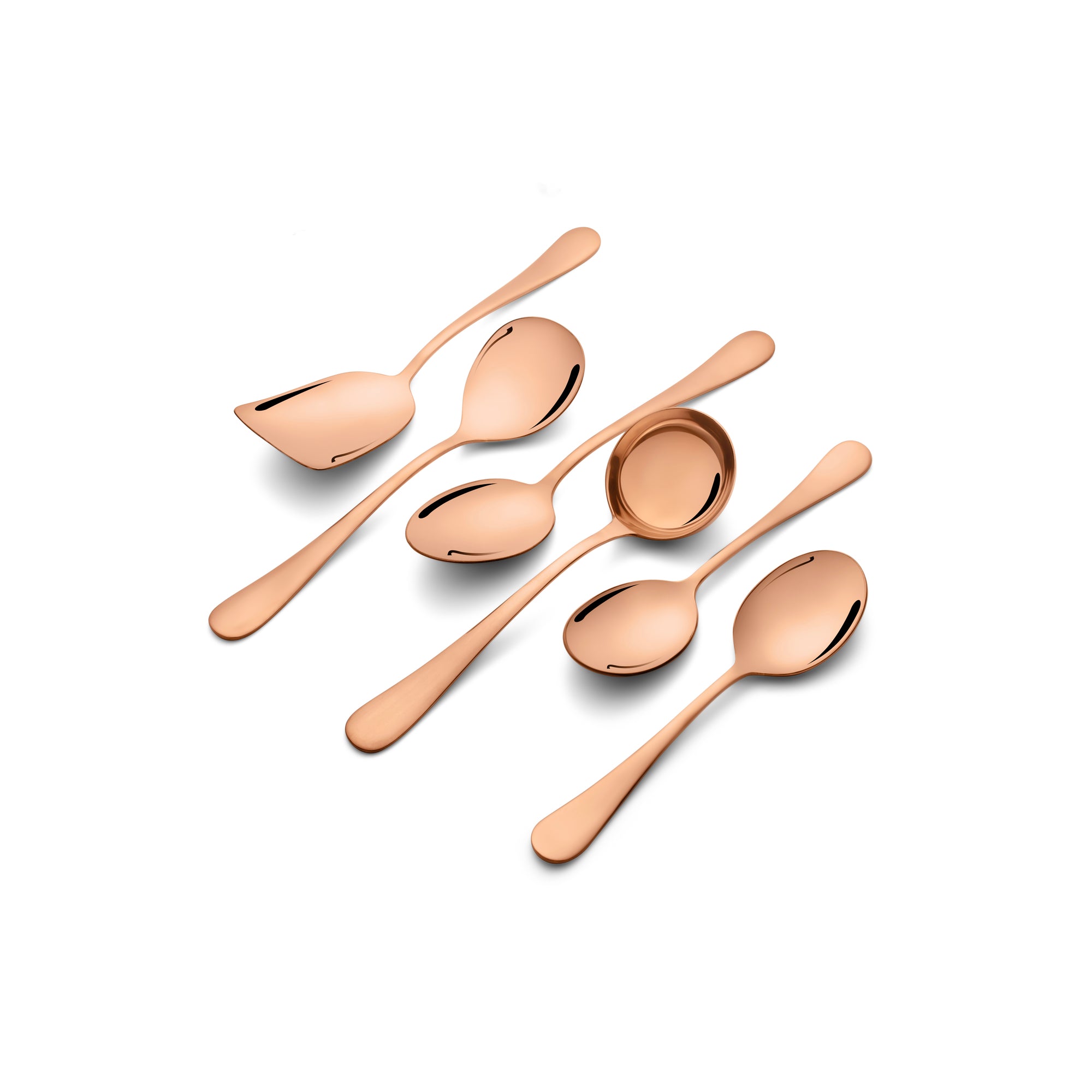 FNS Rosella rose gold stainless steel 6-piece serving set scattered arrangement showcasing turner, serving spoons, ladle, and varied bowl shapes on white