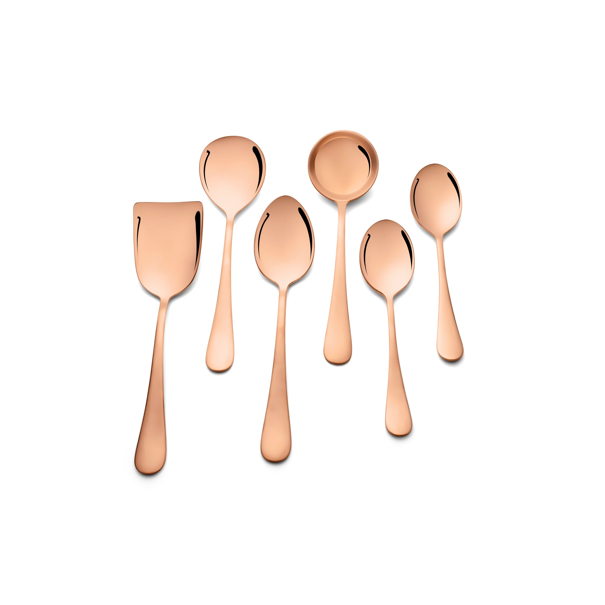 FNS Rosella rose gold 6-piece serving spoon set top view aligned display featuring turner, multiple serving spoons, ladle with mirror polish finish