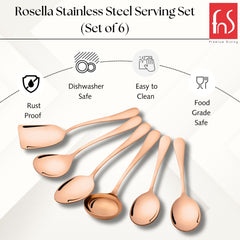 FNS Rosella stainless steel serving set features infographic highlighting rust-proof, dishwasher safe, easy to clean, and food-grade safe properties with rose gold finish