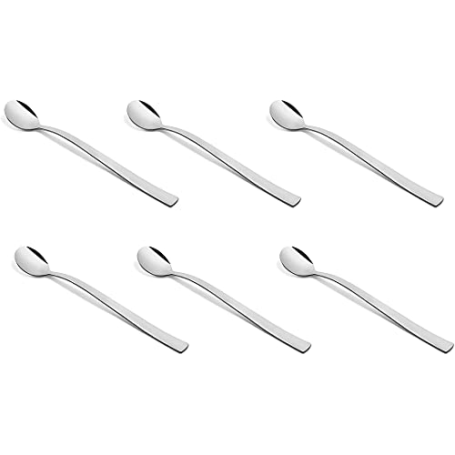 FNS Slim Line 6-piece long drink spoon set with sleek flat handles and mirror finish stainless steel arranged on white background for contemporary dining.