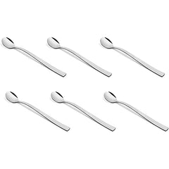 FNS Slim Line 6-piece long drink spoon set with sleek flat handles and mirror finish stainless steel arranged on white background for contemporary dining.