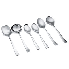 FNS Slim Line serving spoon set featuring six different sizes including ladle, rice server, and serving spoons in mirror finish stainless steel arrangement.