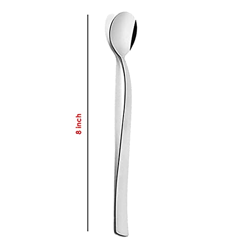 FNS Slim Line long drink spoon 8-inch dimensions with sleek flat handle and mirror finish stainless steel, perfect for tall glasses and beverages.