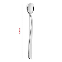 FNS Slim Line long drink spoon 8-inch dimensions with sleek flat handle and mirror finish stainless steel, perfect for tall glasses and beverages.