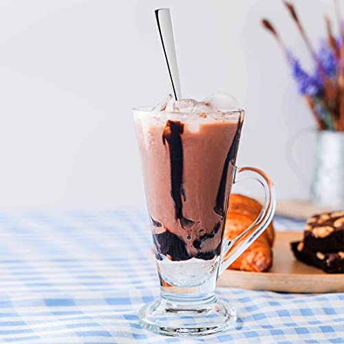 FNS Slim Line long drink spoon in chocolate milkshake glass with ice cream topping, ideal for tall beverages, smoothies, and dessert drinks.