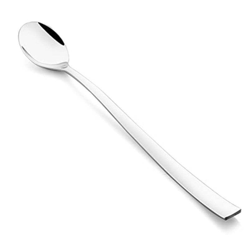 Single FNS Slim Line long drink spoon with elegant curved flat handle and mirror finish stainless steel, ideal for iced coffee, smoothies, and tall beverages.