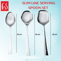 FNS Slim Line serving spoon size guide displaying small serving spoon 24cm, vegetable serving spoon 26cm, and rice server 26cm with measurement scales.