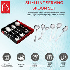 FNS Slim Line serving spoon set infographic highlighting quality stainless steel, easy to clean, rust proof, perfect for gifting, and sturdy durable construction.
