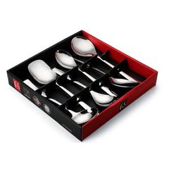 FNS Slim Line serving spoon set displayed in premium red and black gift box packaging, perfect for gifting with secure compartmentalized interior design.