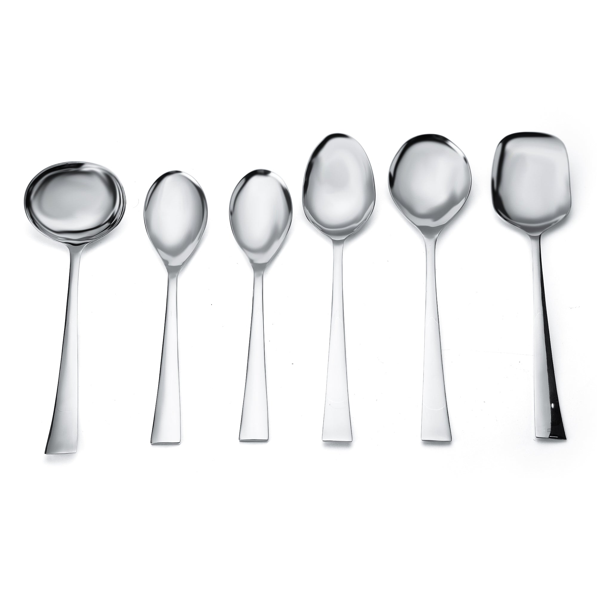 FNS Slim Line 6-piece serving spoon set arranged in row, displaying various bowl sizes and sleek flat handles with mirror finish stainless steel construction.