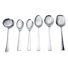 FNS Slim Line 6-piece serving spoon set arranged in row, displaying various bowl sizes and sleek flat handles with mirror finish stainless steel construction.