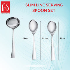 FNS Slim Line serving spoon size measurement guide showing gravy ladle at 24cm and two serving spoons at 21cm with dimension scales displayed.