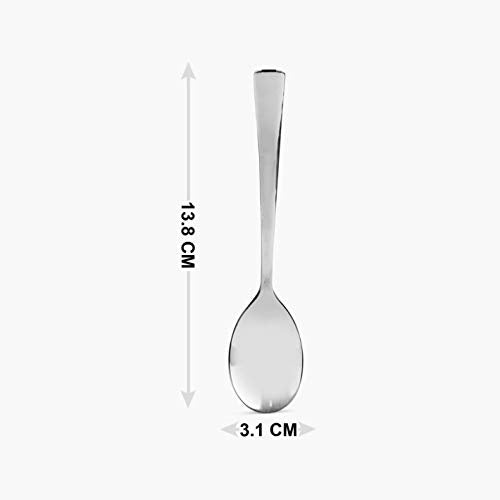 Single stainless steel teaspoon with tapered flat handle shown vertically with dimensions: 13.8 cm length and 3.1 cm width on white background