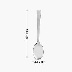 Single stainless steel teaspoon with tapered flat handle shown vertically with dimensions: 13.8 cm length and 3.1 cm width on white background