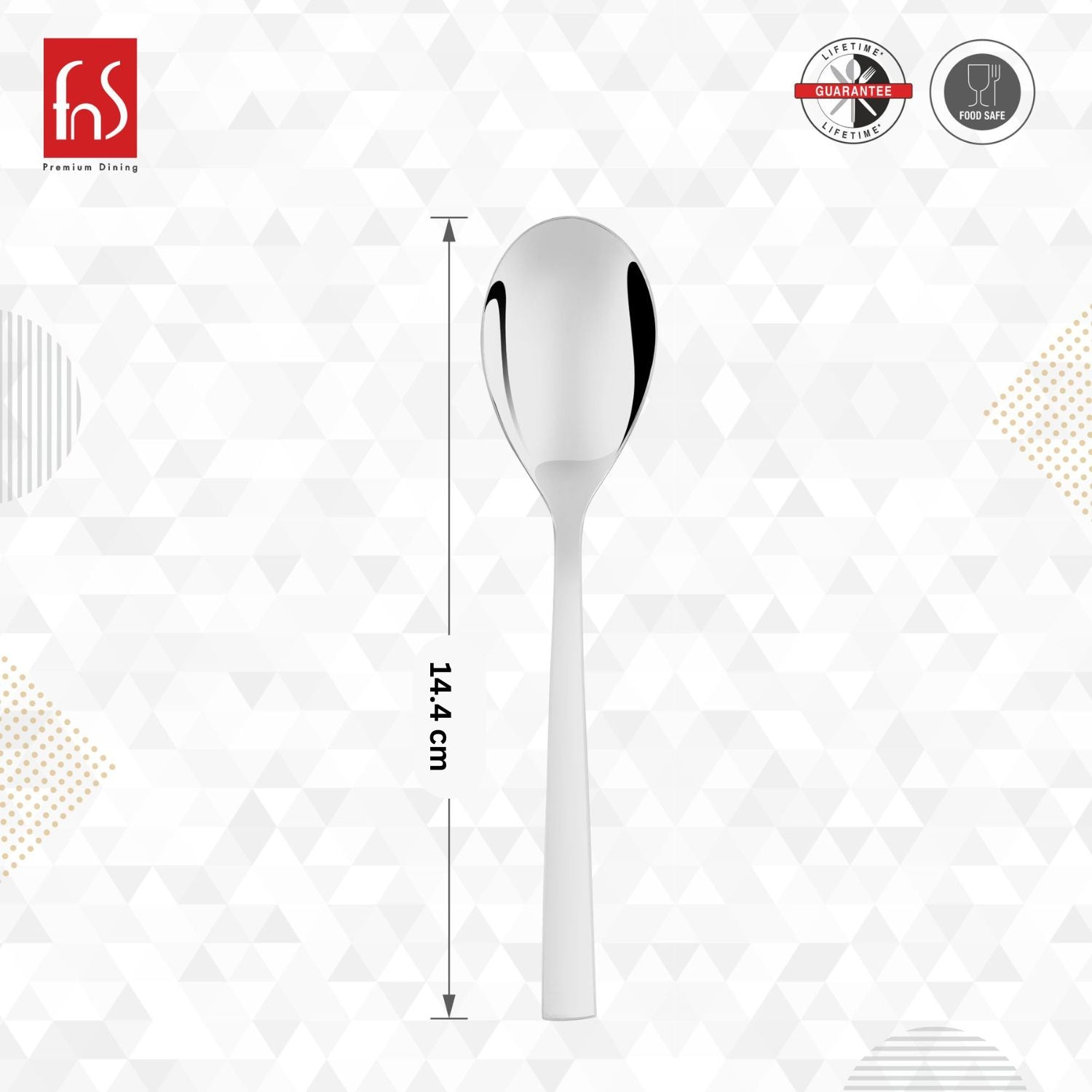 Single FnS Premium Dining stainless steel spoon with flat modern handle measuring 14.4 cm in length, showing mirror finish with lifetime guarantee and food safe certification badges