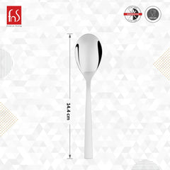 Single FnS Premium Dining stainless steel spoon with flat modern handle measuring 14.4 cm in length, showing mirror finish with lifetime guarantee and food safe certification badges