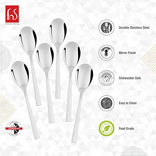 Six white-handled teaspoons arranged vertically with feature icons: durable stainless steel, mirror finish, dishwasher safe, easy clean, food grade, FnS branding