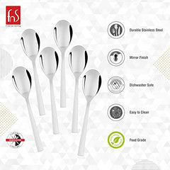 Six white-handled teaspoons arranged vertically with feature icons: durable stainless steel, mirror finish, dishwasher safe, easy clean, food grade, FnS branding