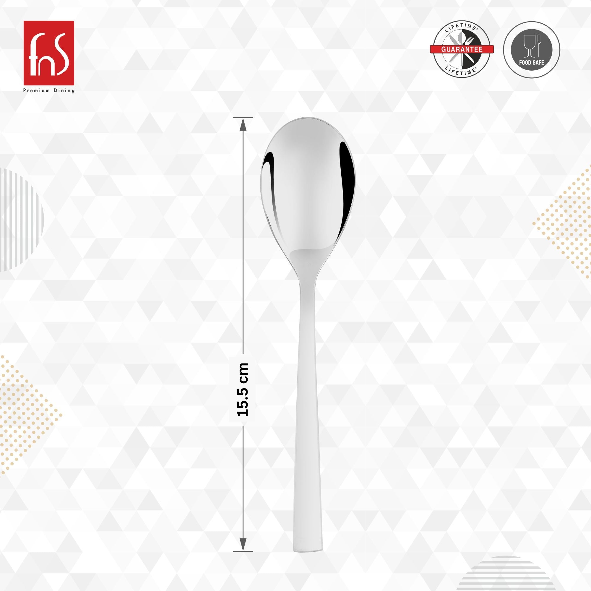 FNS Slimline baby dessert spoon 15.5cm dimensions with lifetime guarantee and food safe certification, premium quality stainless steel with modern minimalist design.