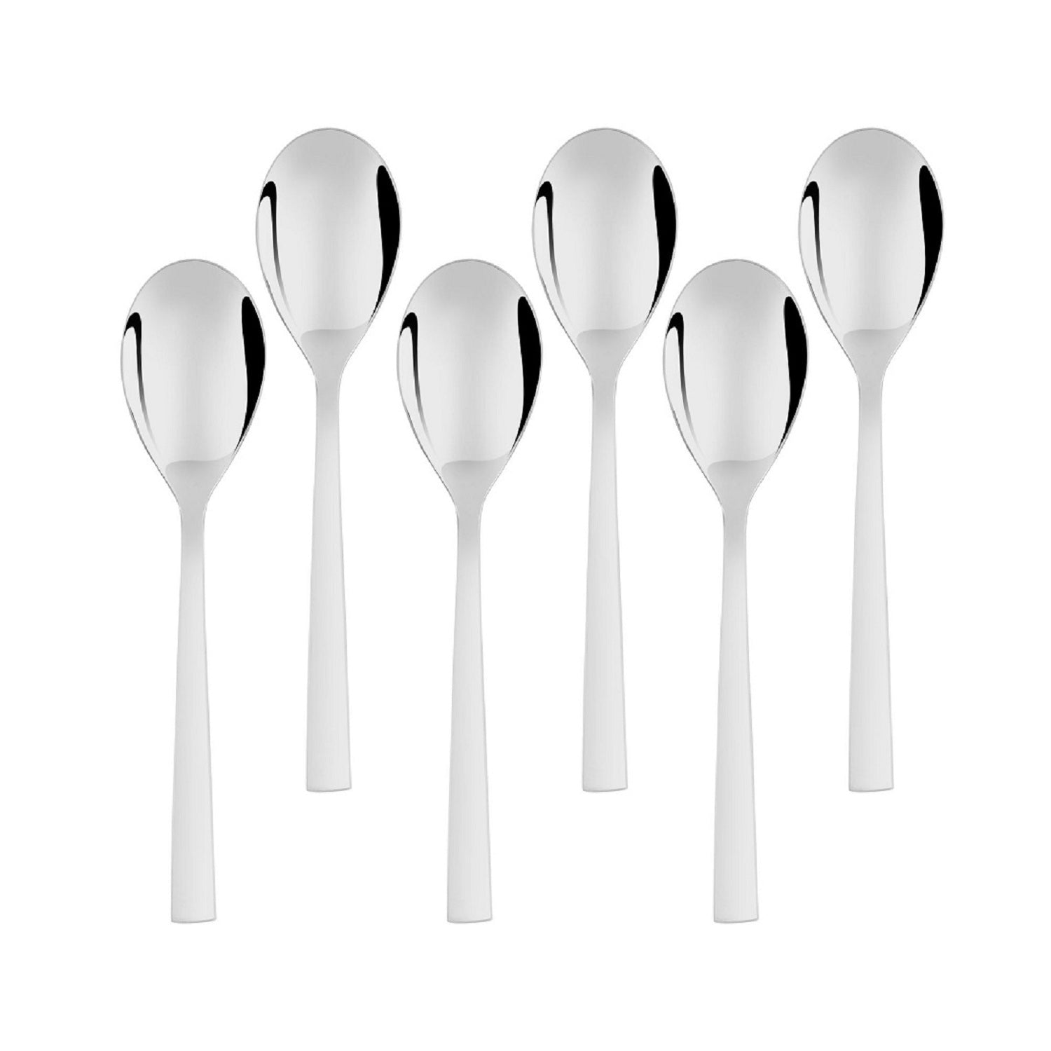 FNS Slimline 6-piece mirror finish baby dessert spoon set with contemporary flat handles arranged in neat rows on white background for modern dining.