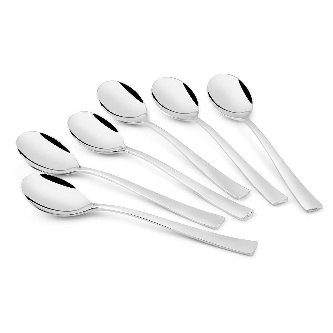 Six-piece FNS Slimline stainless steel baby dessert spoon set with tapered handles and mirror finish arranged on white background for elegant presentation.