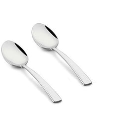 FNS Solo 2-piece stainless steel serving spoon set on white background, featuring mirror finish bowls and sleek flat tapered handles for modern elegant dining.